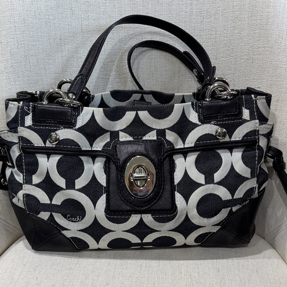 Coach Handbags - Coach Black Denim and White Signature Circle Satchel